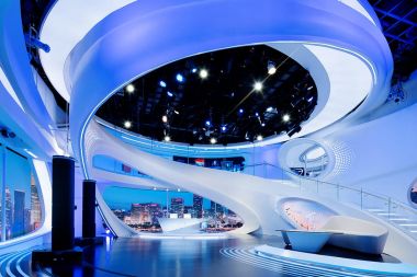 Broadcast LED displays set in 3D printed studio